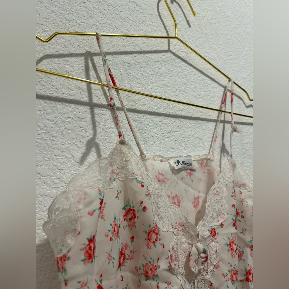 Pollinaise Vintage Red white Floral Lace silk satin Chemise cami slip tank top - Picture 6 of 8